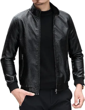 Mens Faux Leather Jacket Full-Zip Stand Collar Outerwear Lightweight Motorcycle Jacket
