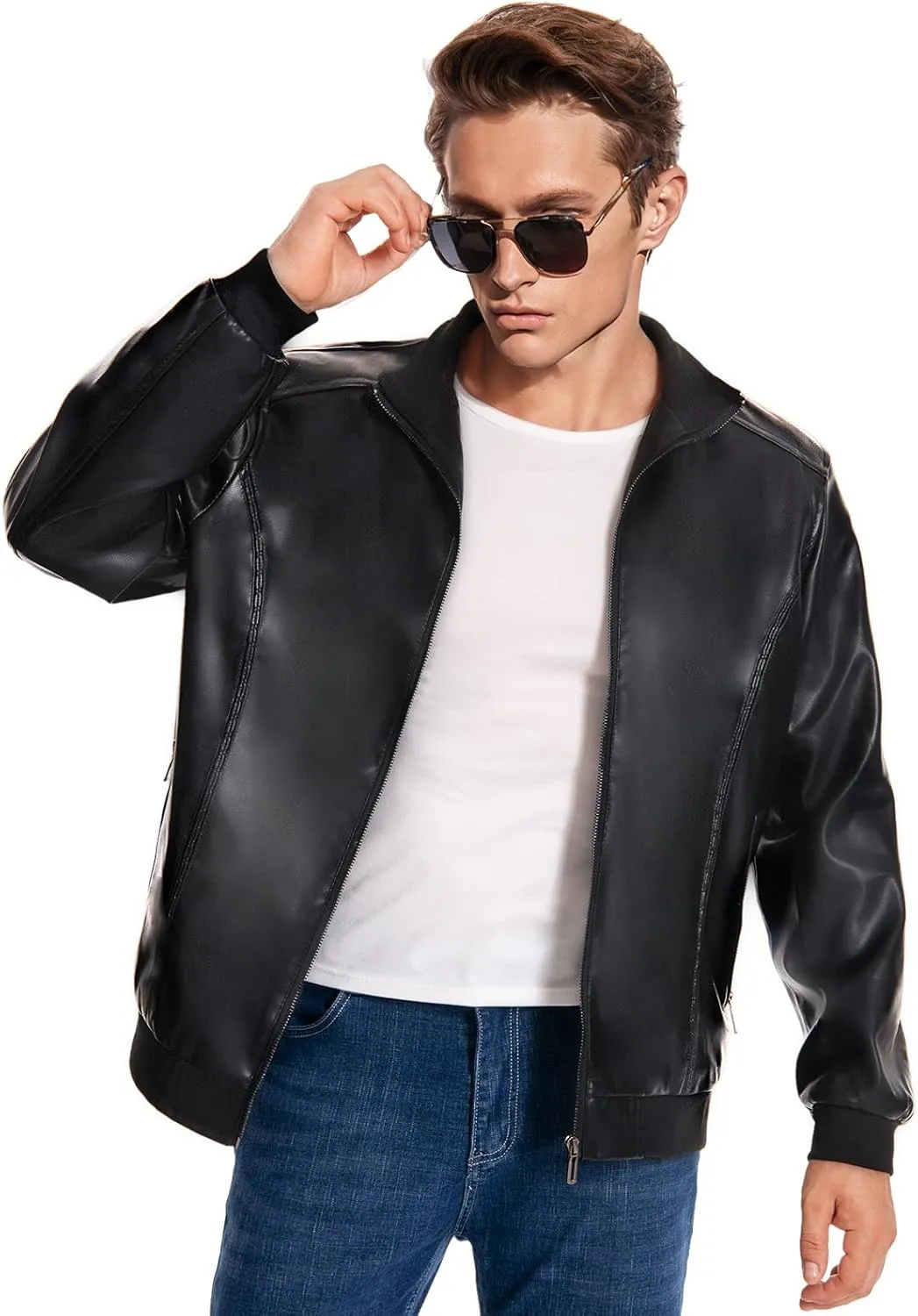 Mens Faux Leather Jacket Full-Zip Stand Collar Outerwear Lightweight Motorcycle Jacket
