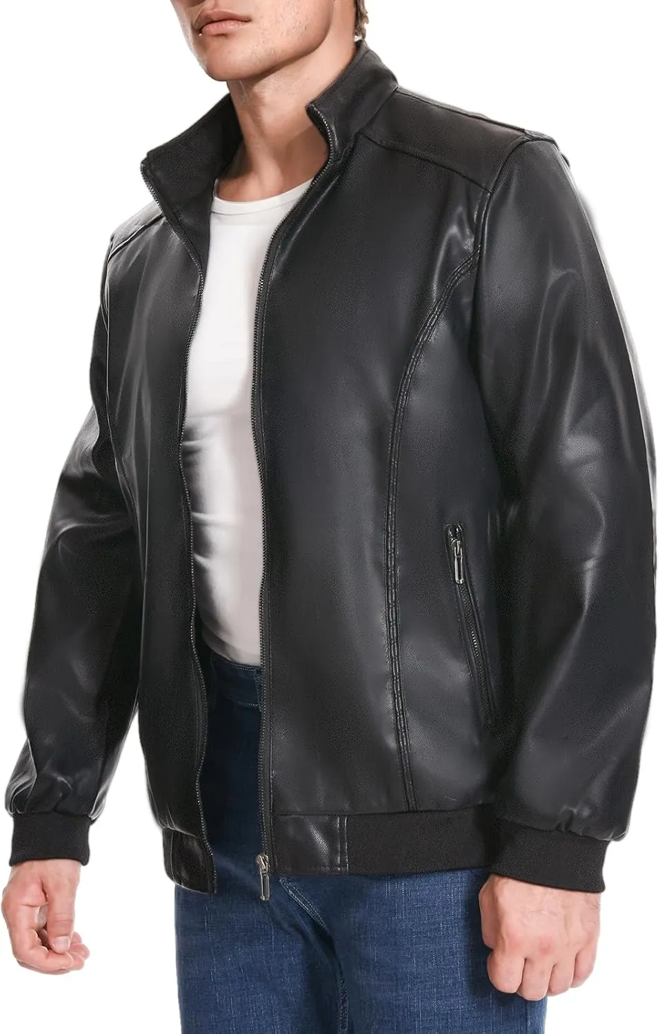 Mens Faux Leather Jacket Full-Zip Stand Collar Outerwear Lightweight Motorcycle Jacket