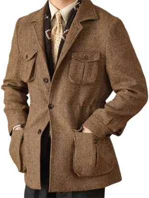 Men's Herringbone Tweed Safari Jacket Classic Blazer Wool Suit Commuter Business