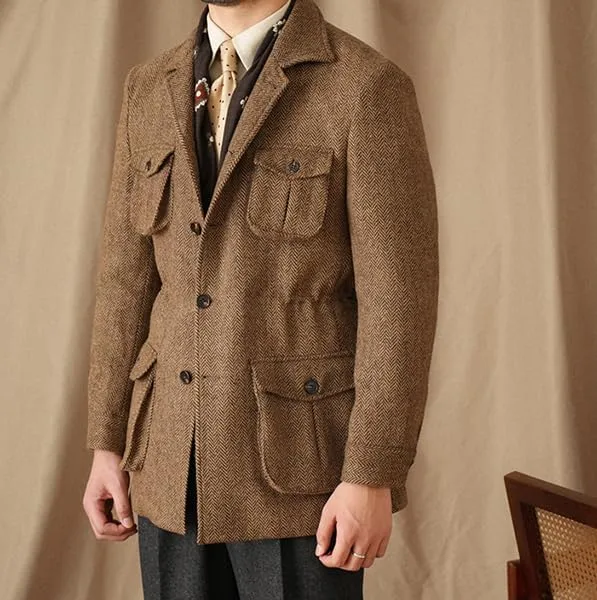 Men's Herringbone Tweed Safari Jacket Classic Blazer Wool Suit Commuter Business