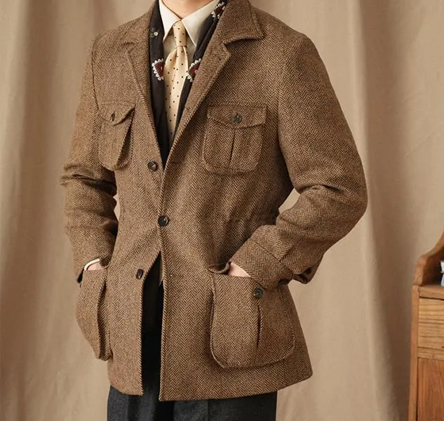 Men's Herringbone Tweed Safari Jacket Classic Blazer Wool Suit Commuter Business
