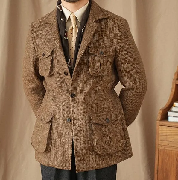 Men's Herringbone Tweed Safari Jacket Classic Blazer Wool Suit Commuter Business
