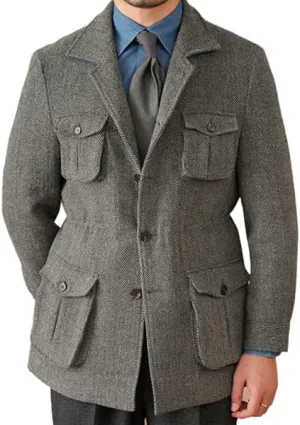 Men's Herringbone Tweed Safari Jacket Classic Blazer Wool Suit Commuter Business