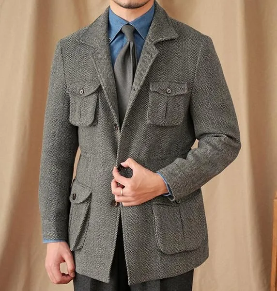 Men's Herringbone Tweed Safari Jacket Classic Blazer Wool Suit Commuter Business