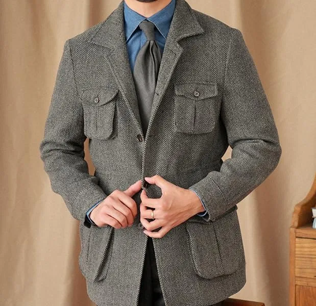 Men's Herringbone Tweed Safari Jacket Classic Blazer Wool Suit Commuter Business
