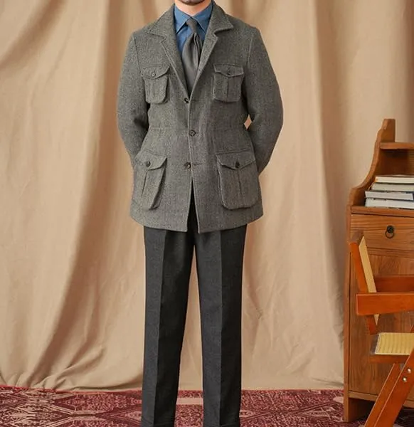 Men's Herringbone Tweed Safari Jacket Classic Blazer Wool Suit Commuter Business
