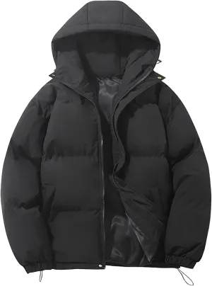 Mens High Neck Hooded Zipper Parka Casual Warm Fashion Puffer Jacket Stylish Design Cotton-Padded Coat