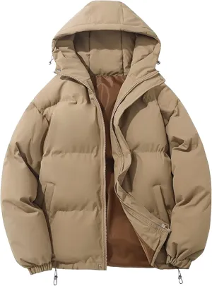 Mens High Neck Hooded Zipper Parka Casual Warm Fashion Puffer Jacket Stylish Design Cotton-Padded Coat
