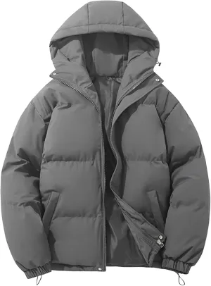 Mens High Neck Hooded Zipper Parka Casual Warm Fashion Puffer Jacket Stylish Design Cotton-Padded Coat
