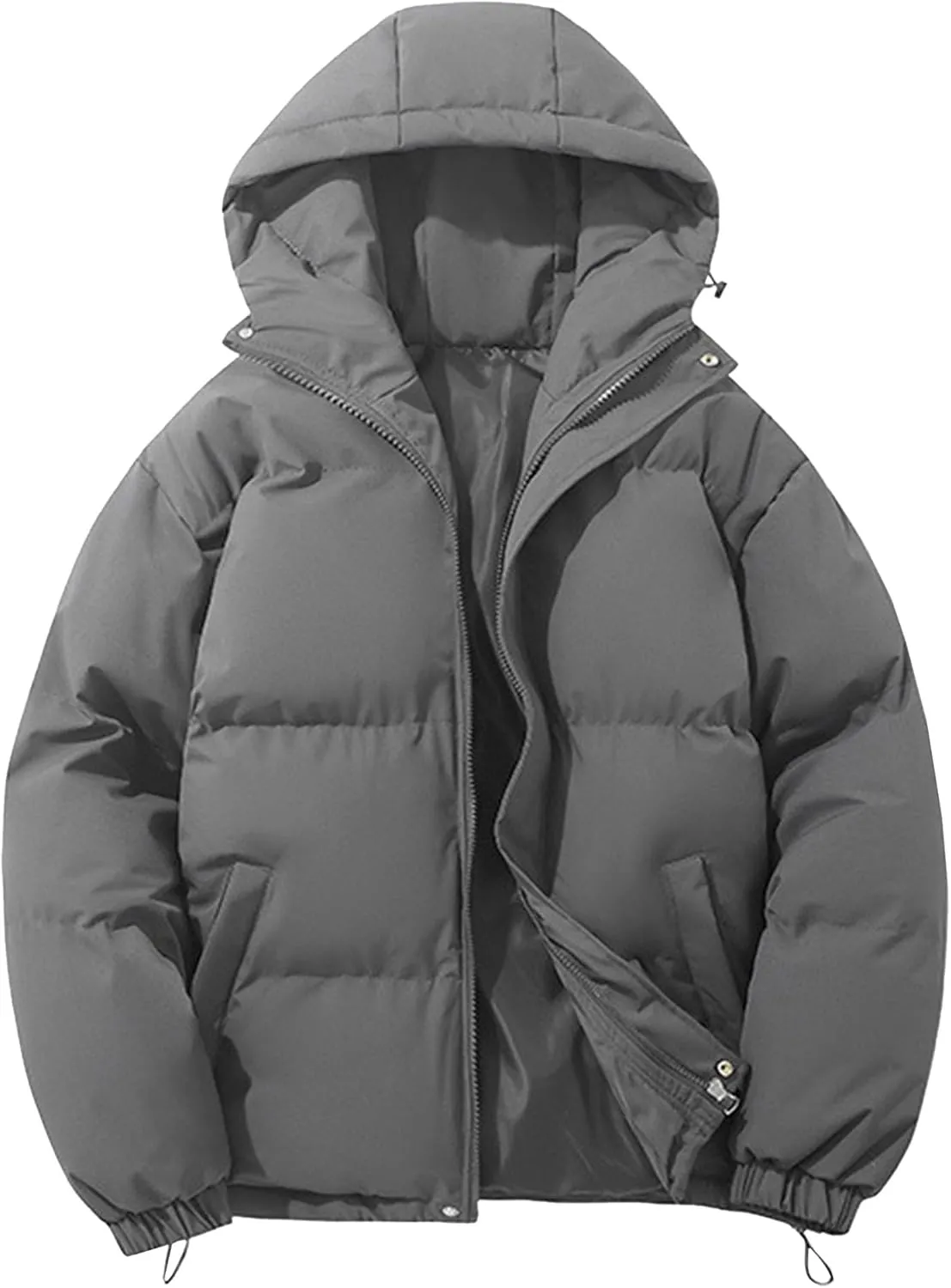 Mens High Neck Hooded Zipper Parka Casual Warm Fashion Puffer Jacket Stylish Design Cotton-Padded Coat