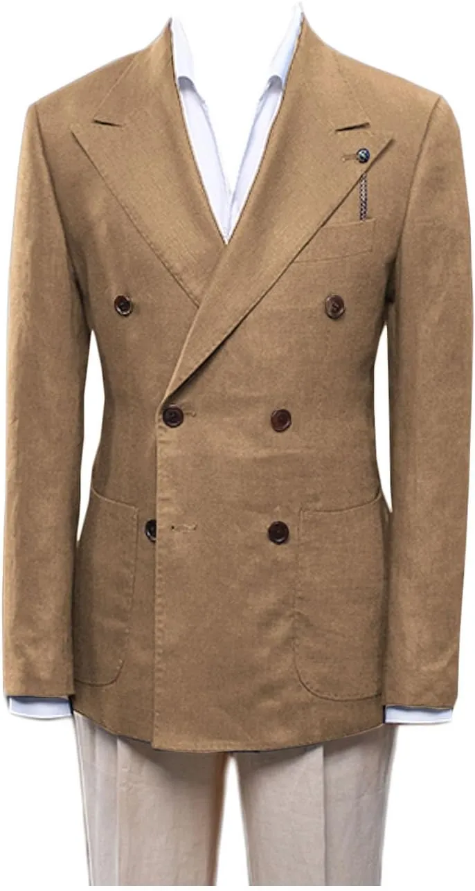 Men's Linen Blazer Double Breasted Peak Lapel Slim Fit Lightweight Jacket Evening Party Business