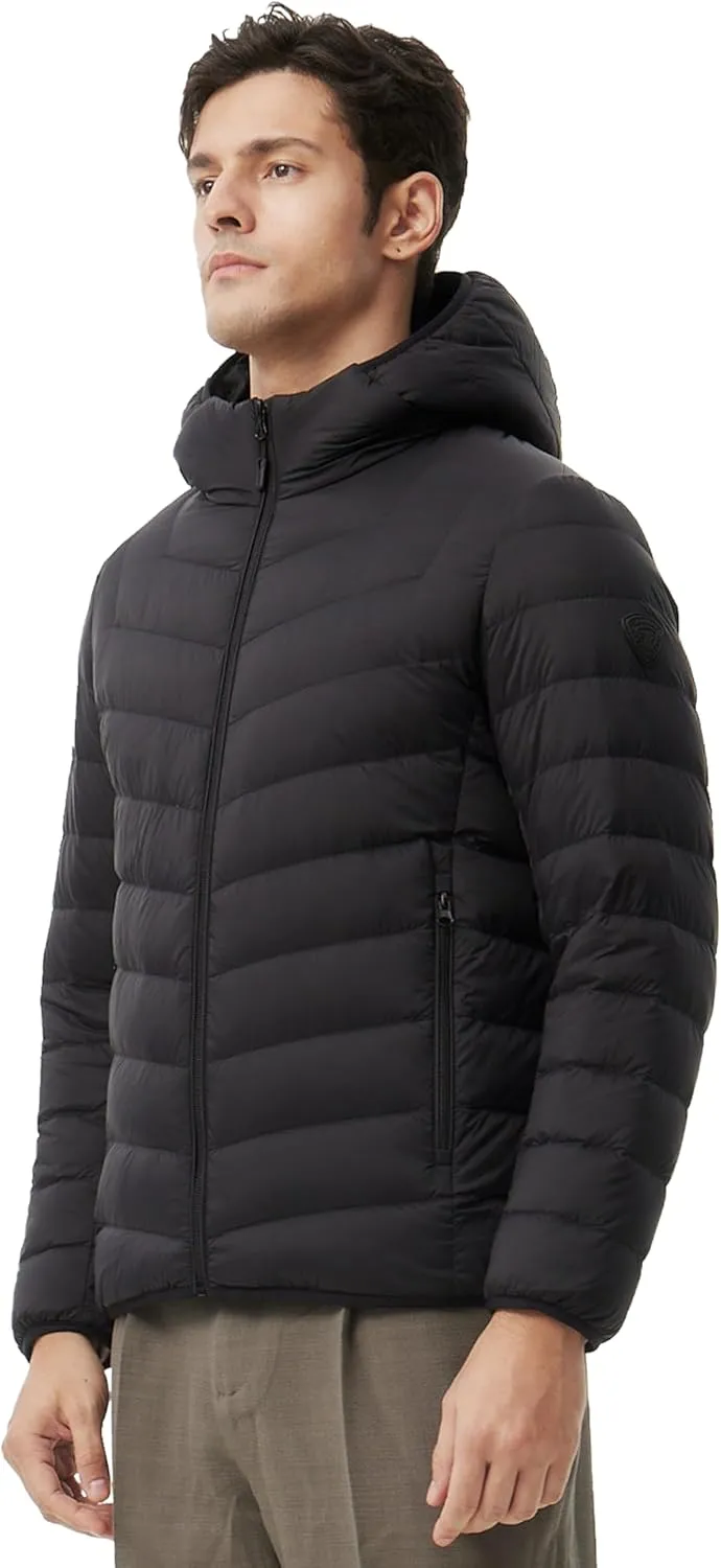 Men's Packable Down Jacket Lightweight Winter Windproof Puffer Jacket Hooded Warm Outdoor Down Coats for Travel