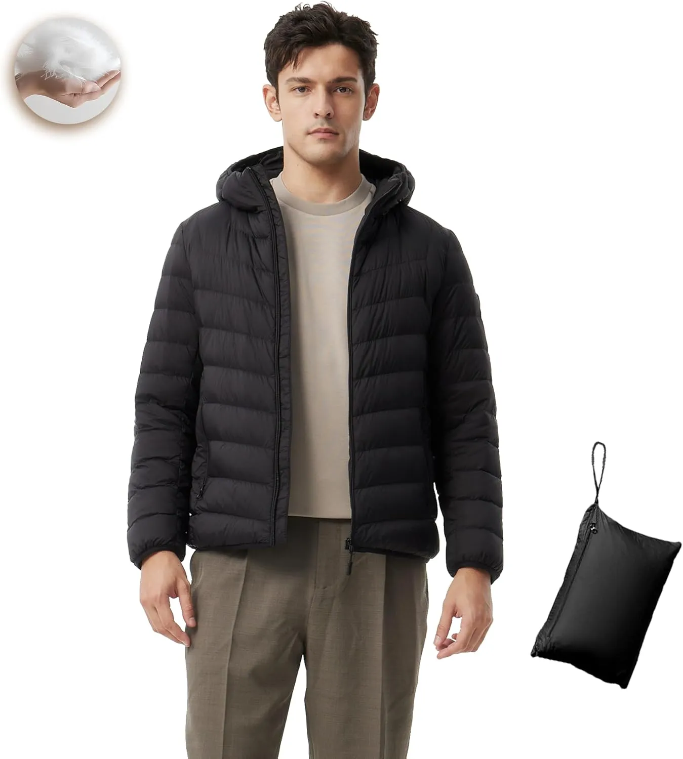 Men's Packable Down Jacket Lightweight Winter Windproof Puffer Jacket Hooded Warm Outdoor Down Coats for Travel