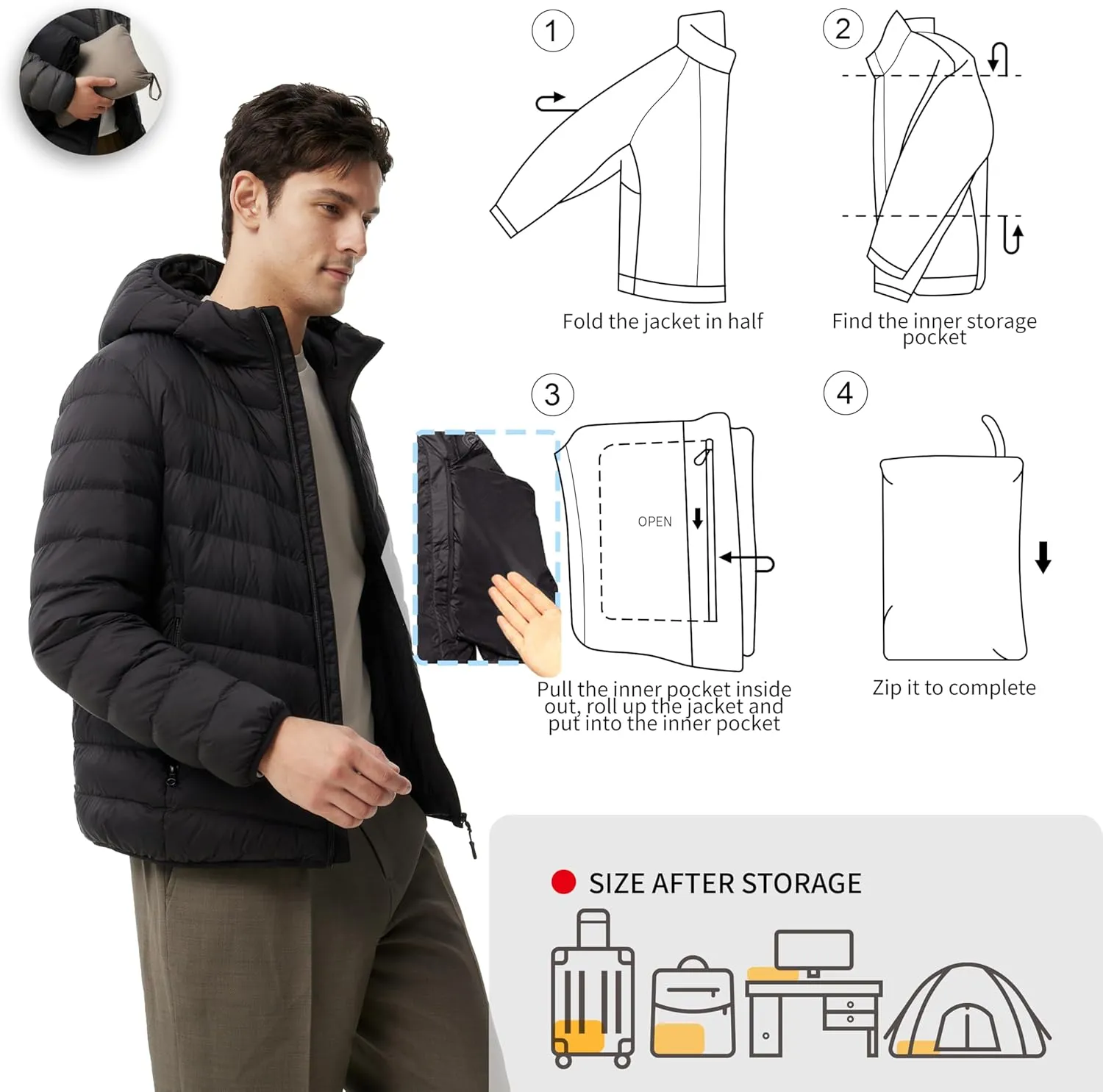 Men's Packable Down Jacket Lightweight Winter Windproof Puffer Jacket Hooded Warm Outdoor Down Coats for Travel