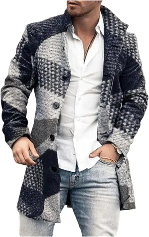 Men's Plaid Trench Coat Lapel Collar Mid Long Jacket Single Breasted Long Overcoat Classic Stylish Business Coat Tops