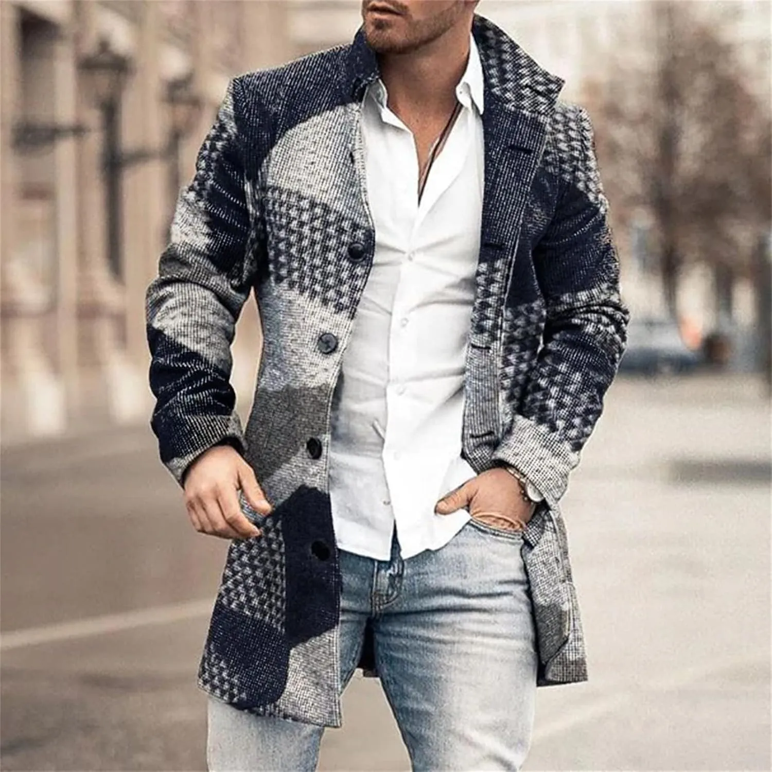 Men's Plaid Trench Coat Lapel Collar Mid Long Jacket Single Breasted Long Overcoat Classic Stylish Business Coat Tops