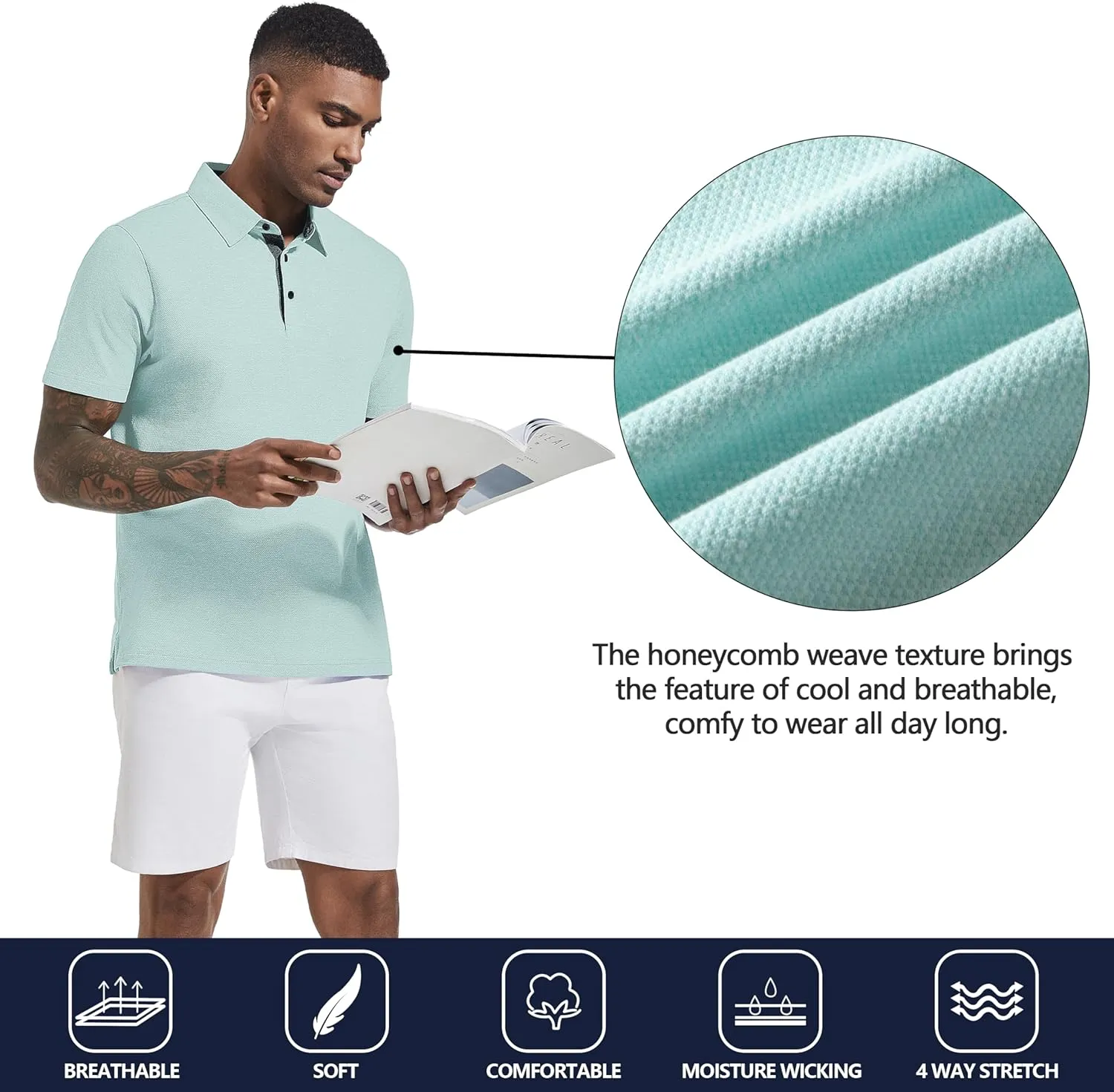 Men's Polo Shirts Short Sleeve Cotton Blend Moisture Wicking Dry Fit Performance Collared Golf Shirts for Men