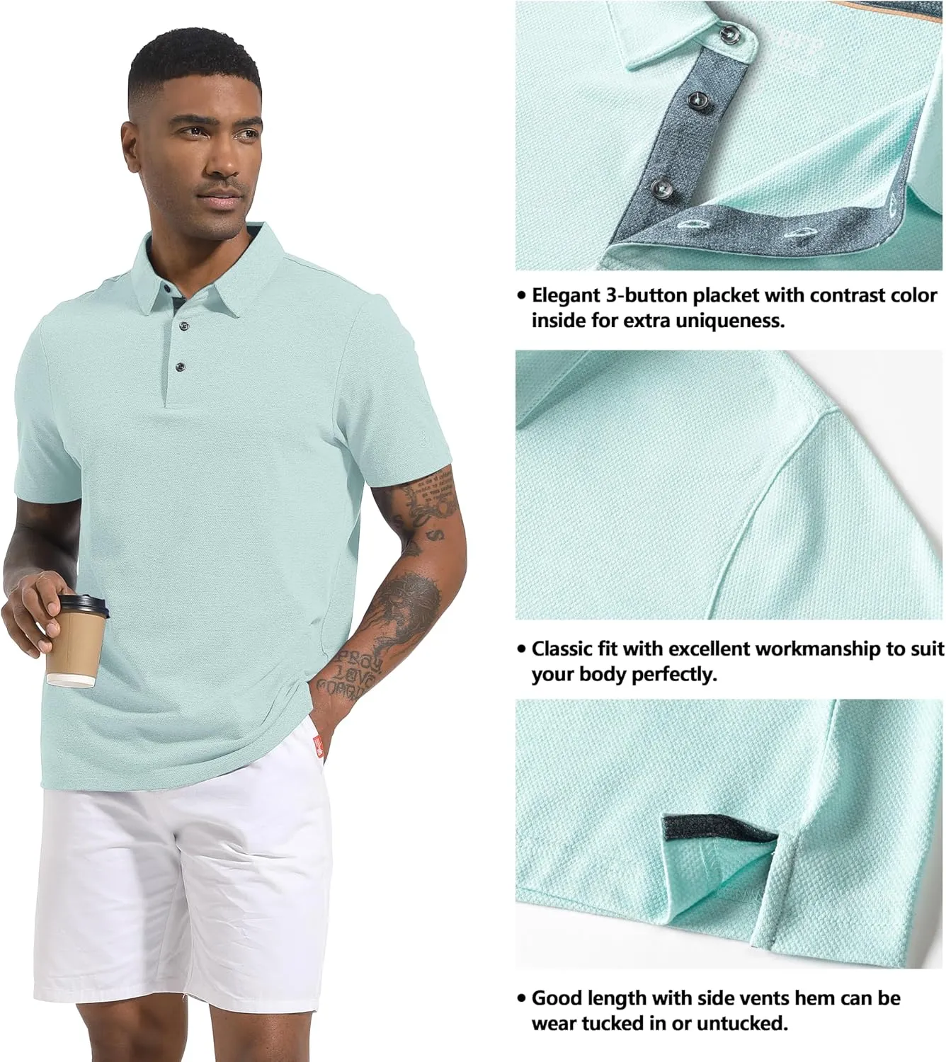 Men's Polo Shirts Short Sleeve Cotton Blend Moisture Wicking Dry Fit Performance Collared Golf Shirts for Men