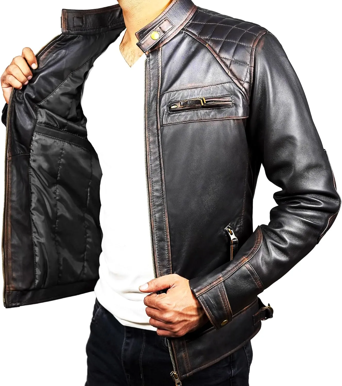 Mens Real Leather Biker Vintage Jacket - 100% Lambskin Motorcycle Distressed Leather