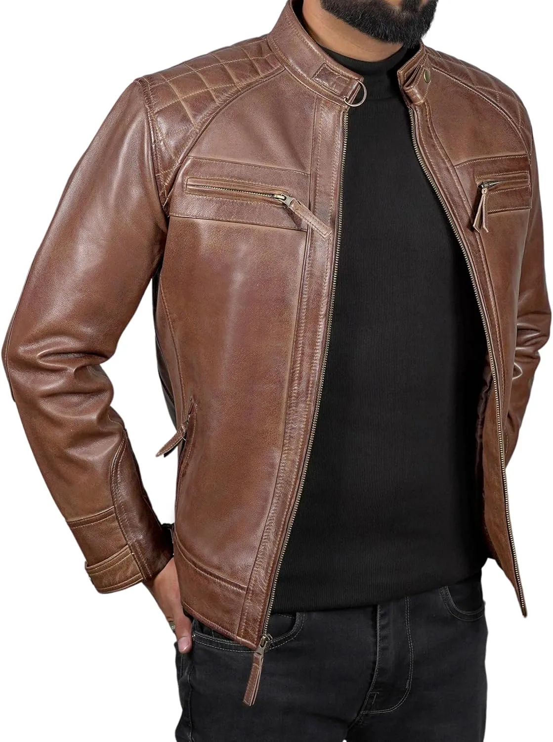 Mens Real Leather Biker Vintage Jacket - 100% Lambskin Motorcycle Distressed Leather