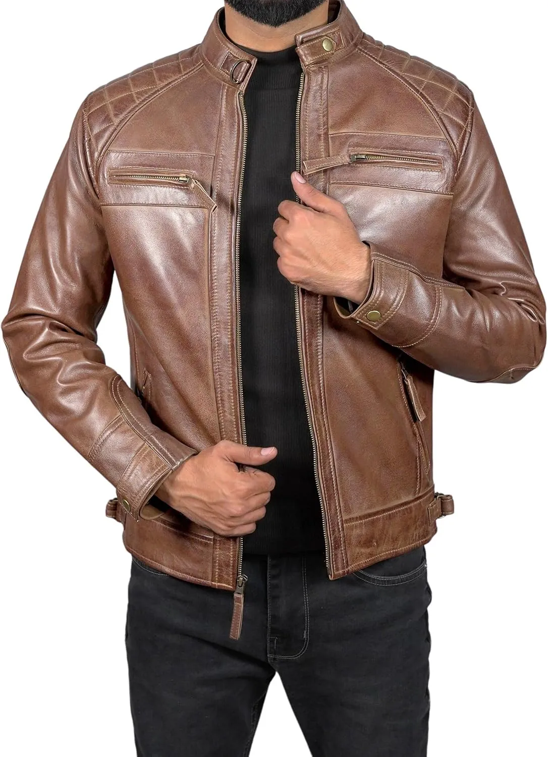 Mens Real Leather Biker Vintage Jacket - 100% Lambskin Motorcycle Distressed Leather
