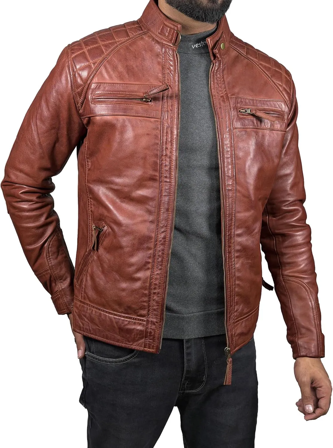 Mens Real Leather Biker Vintage Jacket - 100% Lambskin Motorcycle Distressed Leather