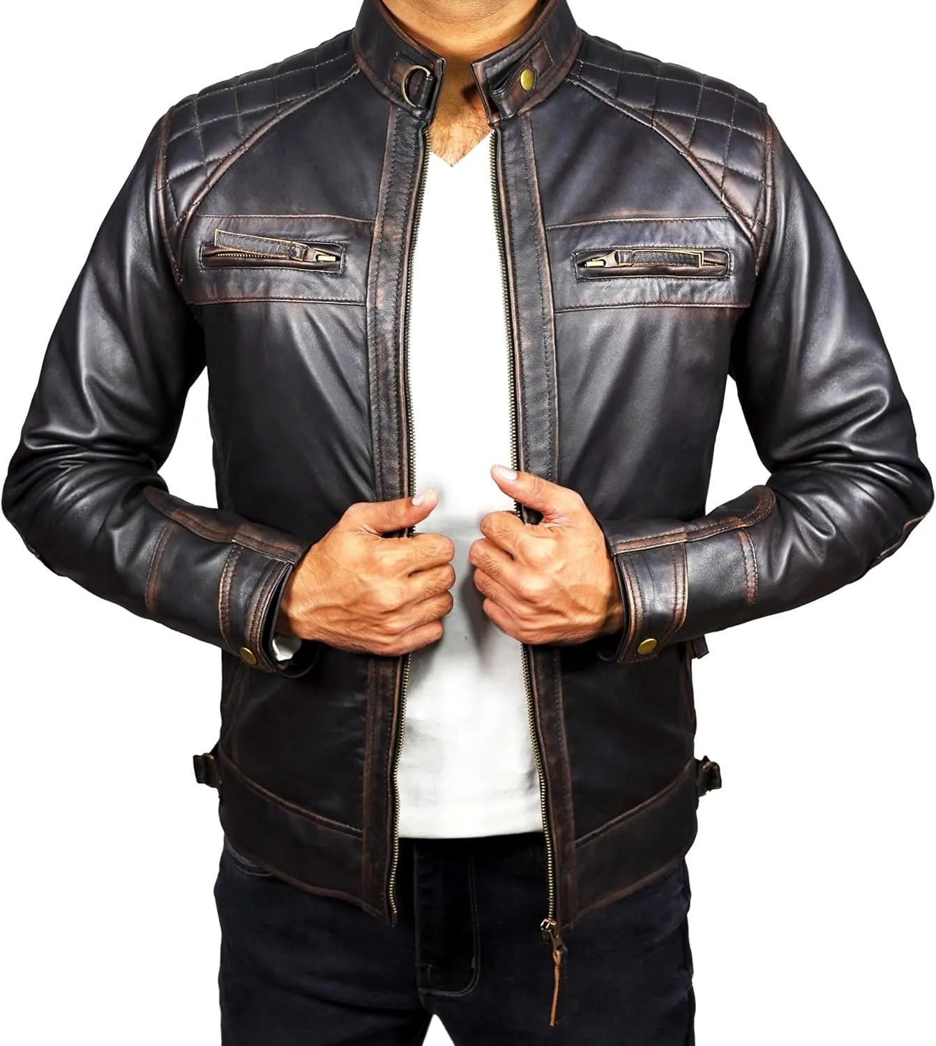 Mens Real Leather Biker Vintage Jacket - 100% Lambskin Motorcycle Distressed Leather