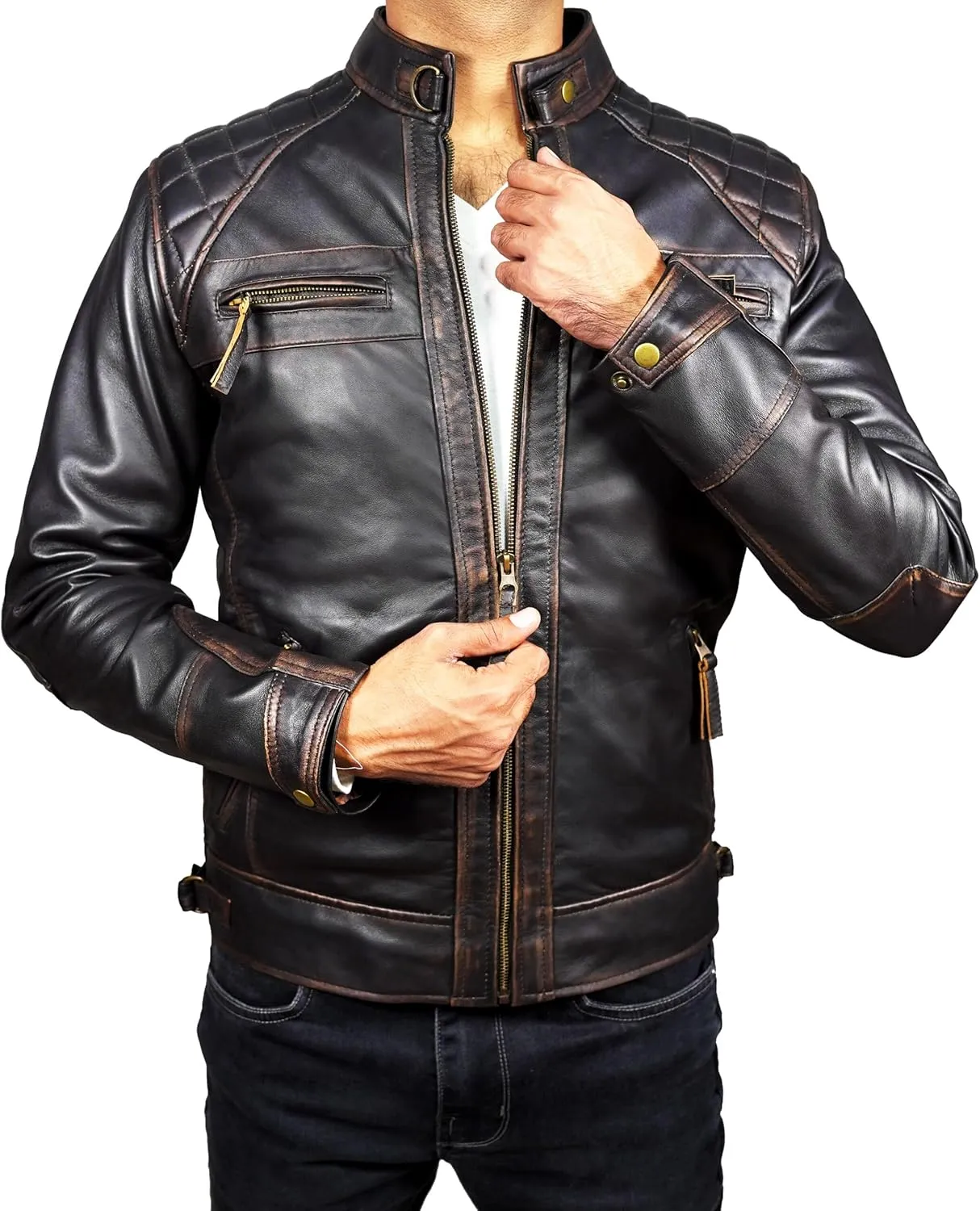 Mens Real Leather Biker Vintage Jacket - 100% Lambskin Motorcycle Distressed Leather