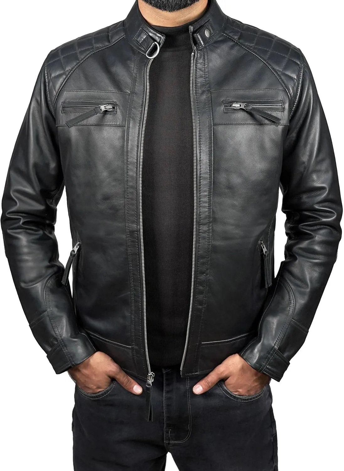 Mens Real Leather Biker Vintage Jacket - 100% Lambskin Motorcycle Distressed Leather