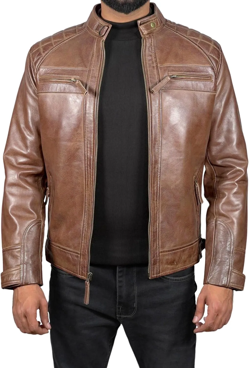 Mens Real Leather Biker Vintage Jacket - 100% Lambskin Motorcycle Distressed Leather