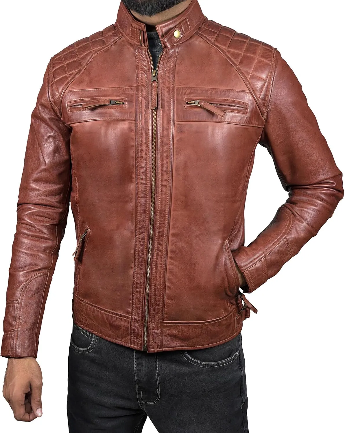 Mens Real Leather Biker Vintage Jacket - 100% Lambskin Motorcycle Distressed Leather