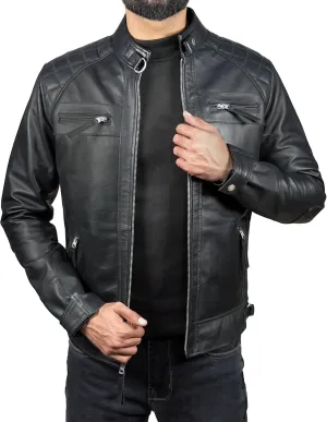 Mens Real Leather Biker Vintage Jacket - 100% Lambskin Motorcycle Distressed Leather