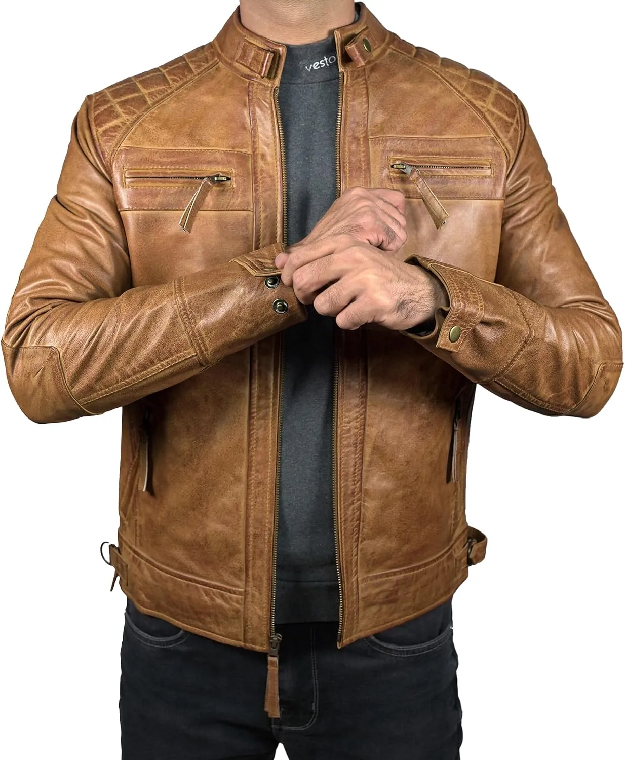 Mens Real Leather Biker Vintage Jacket - 100% Lambskin Motorcycle Distressed Leather