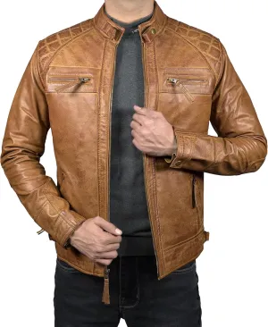 Mens Real Leather Biker Vintage Jacket - 100% Lambskin Motorcycle Distressed Leather