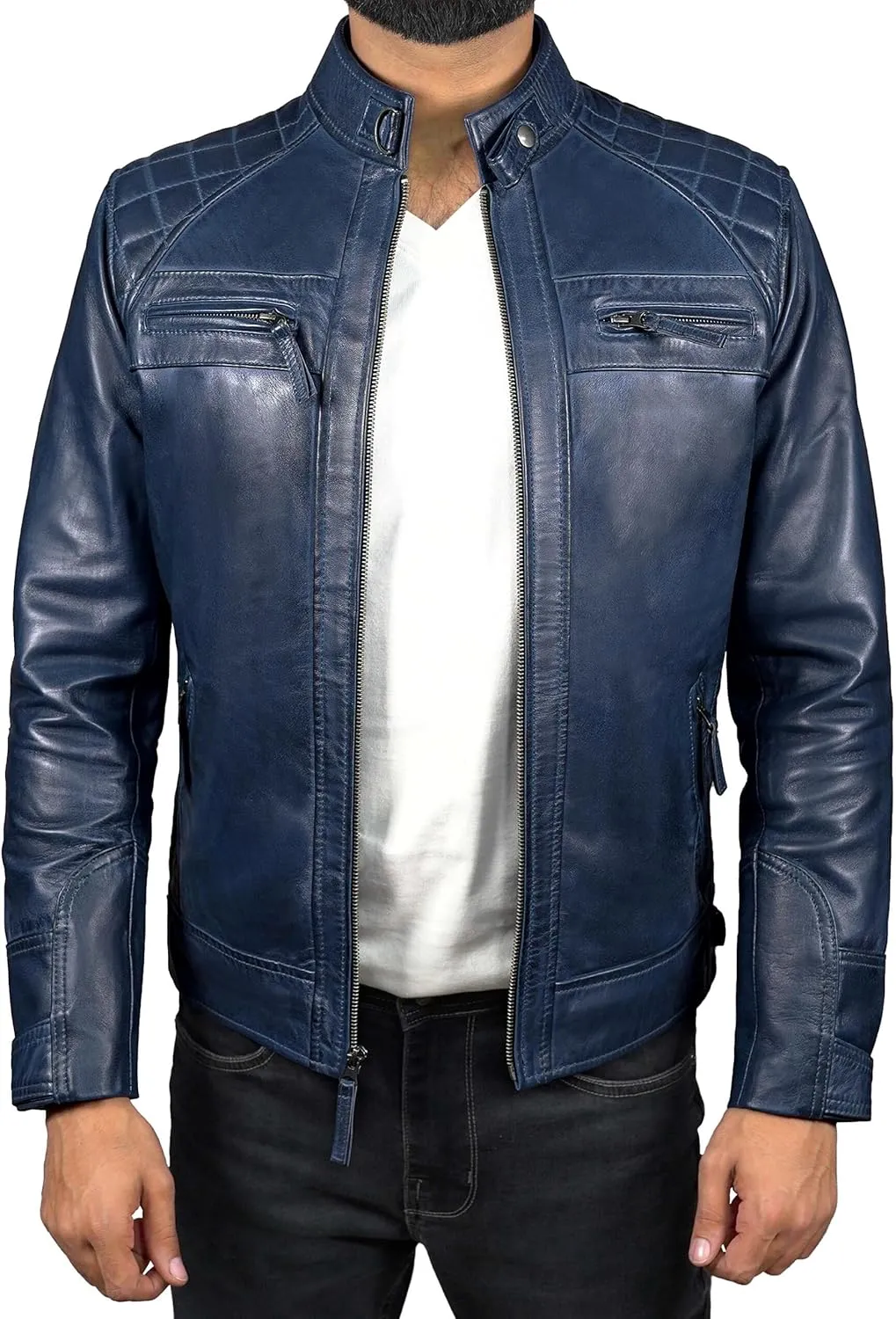Mens Real Leather Biker Vintage Jacket - 100% Lambskin Motorcycle Distressed Leather