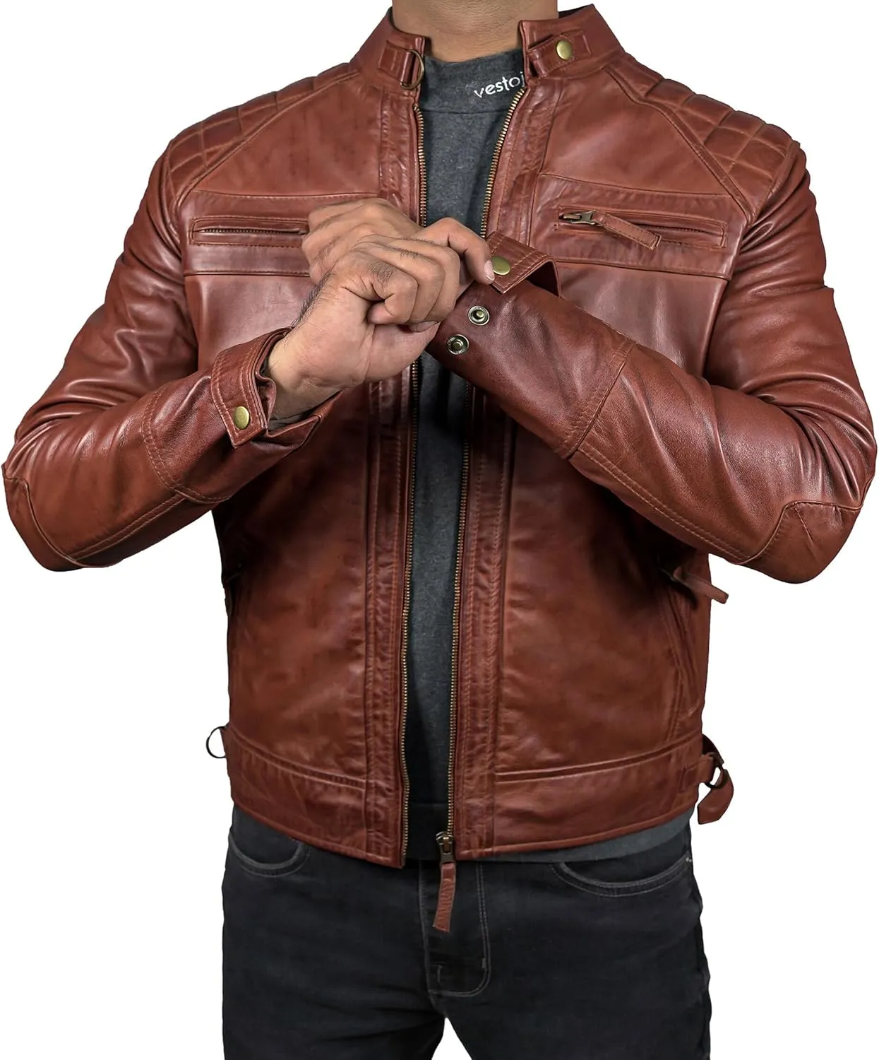 Mens Real Leather Biker Vintage Jacket - 100% Lambskin Motorcycle Distressed Leather