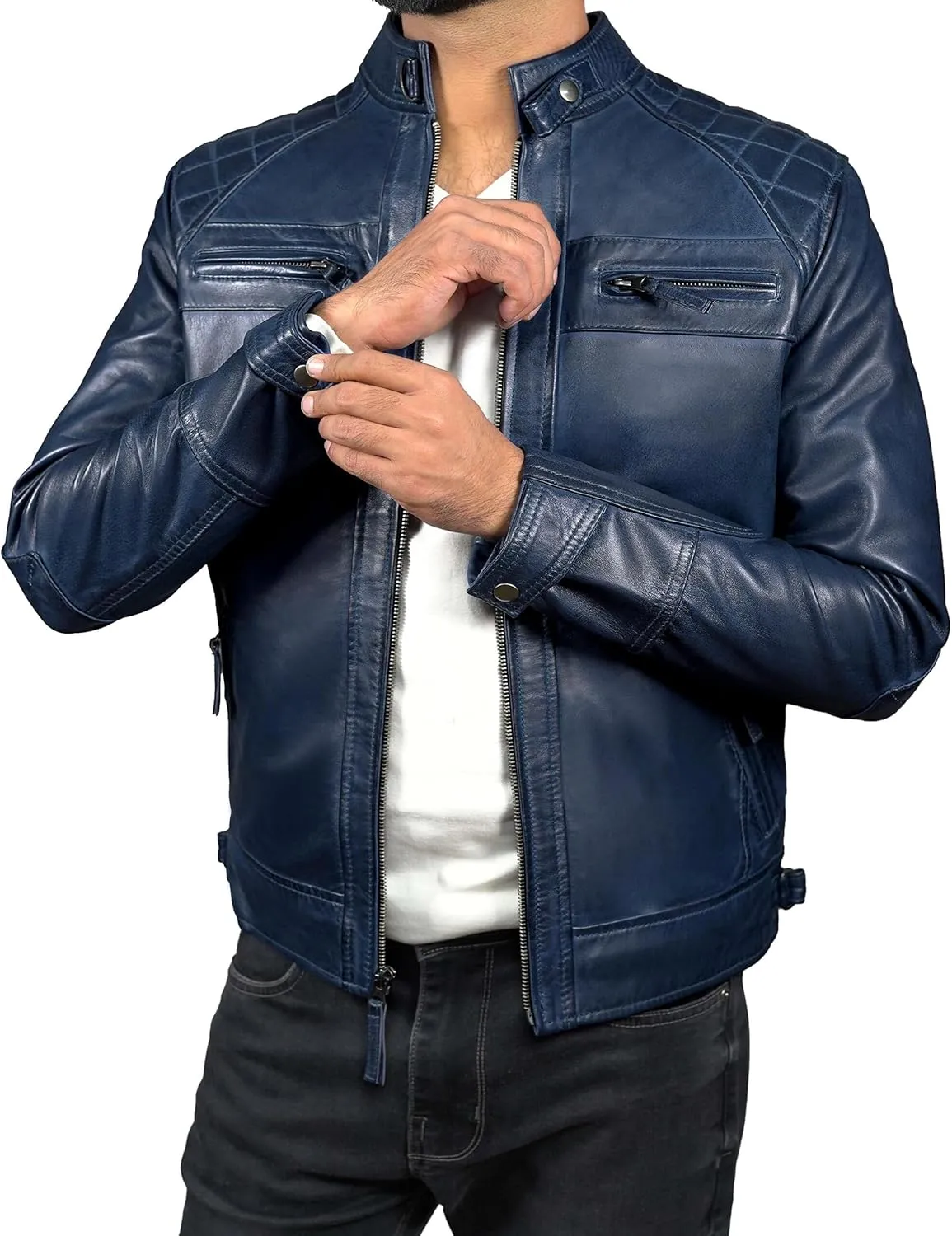 Mens Real Leather Biker Vintage Jacket - 100% Lambskin Motorcycle Distressed Leather