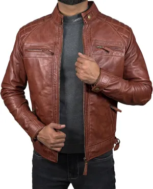 Mens Real Leather Biker Vintage Jacket - 100% Lambskin Motorcycle Distressed Leather