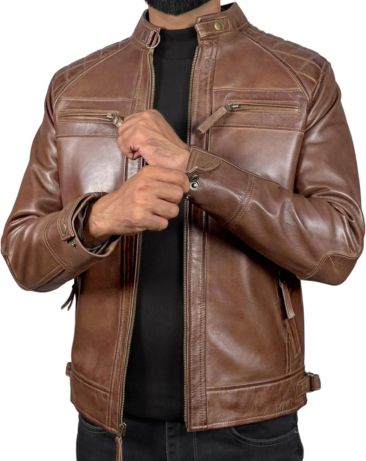 Mens Real Leather Biker Vintage Jacket - 100% Lambskin Motorcycle Distressed Leather