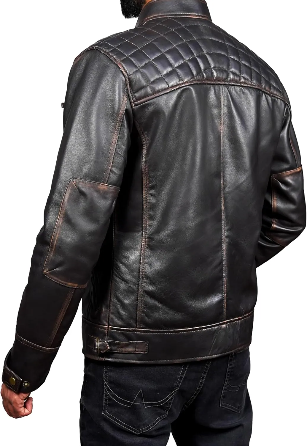 Mens Real Leather Biker Vintage Jacket - 100% Lambskin Motorcycle Distressed Leather