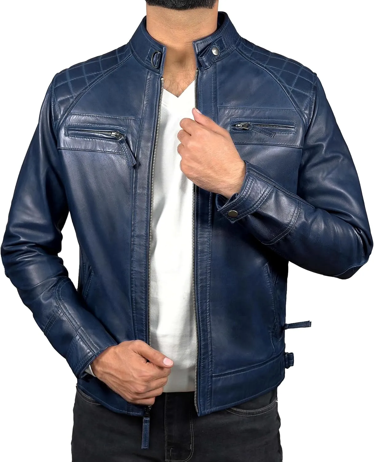 Mens Real Leather Biker Vintage Jacket - 100% Lambskin Motorcycle Distressed Leather