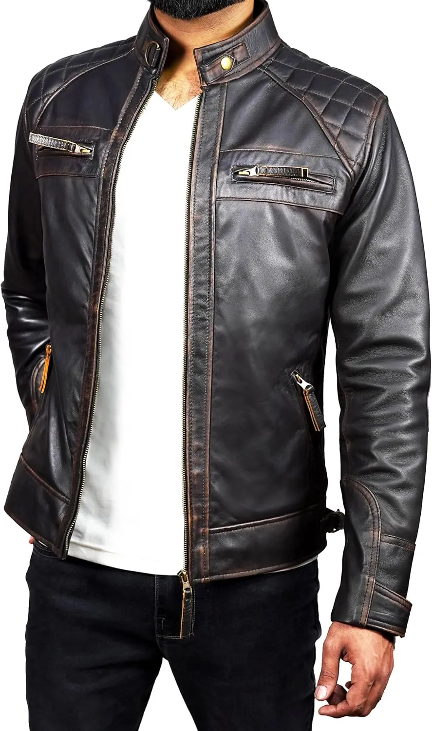 Mens Real Leather Biker Vintage Jacket - 100% Lambskin Motorcycle Distressed Leather