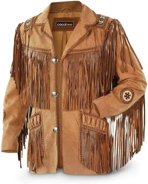 Men's Traditional Cowboy Western Leather Jacket Coat with Fringe Native American Jacket Suede Beaded (S) Black