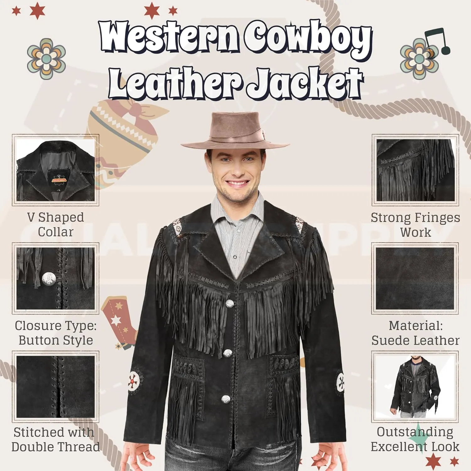Men's Traditional Cowboy Western Leather Jacket | Native American Suede Coat with Beaded & Fringed