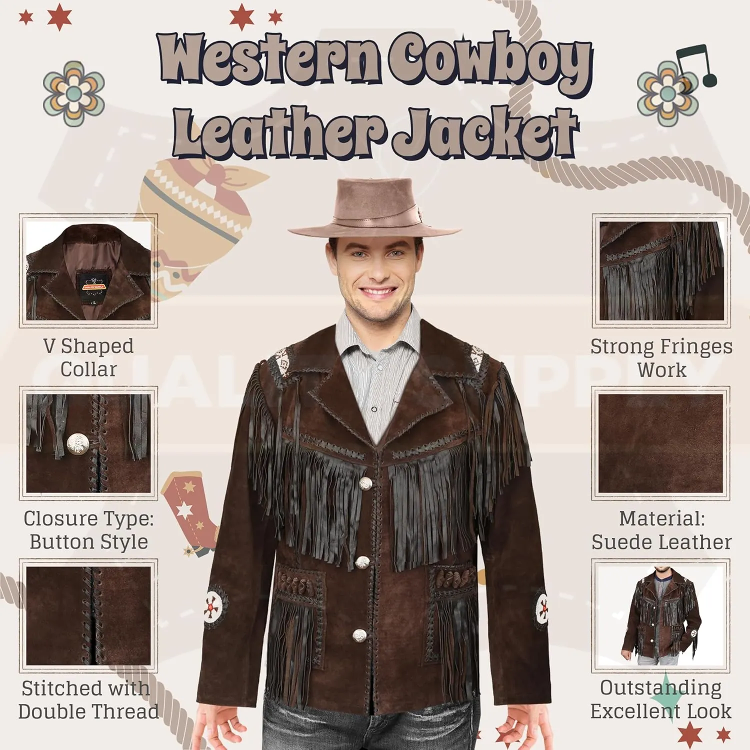 Men's Traditional Cowboy Western Leather Jacket | Native American Suede Coat with Beaded & Fringed