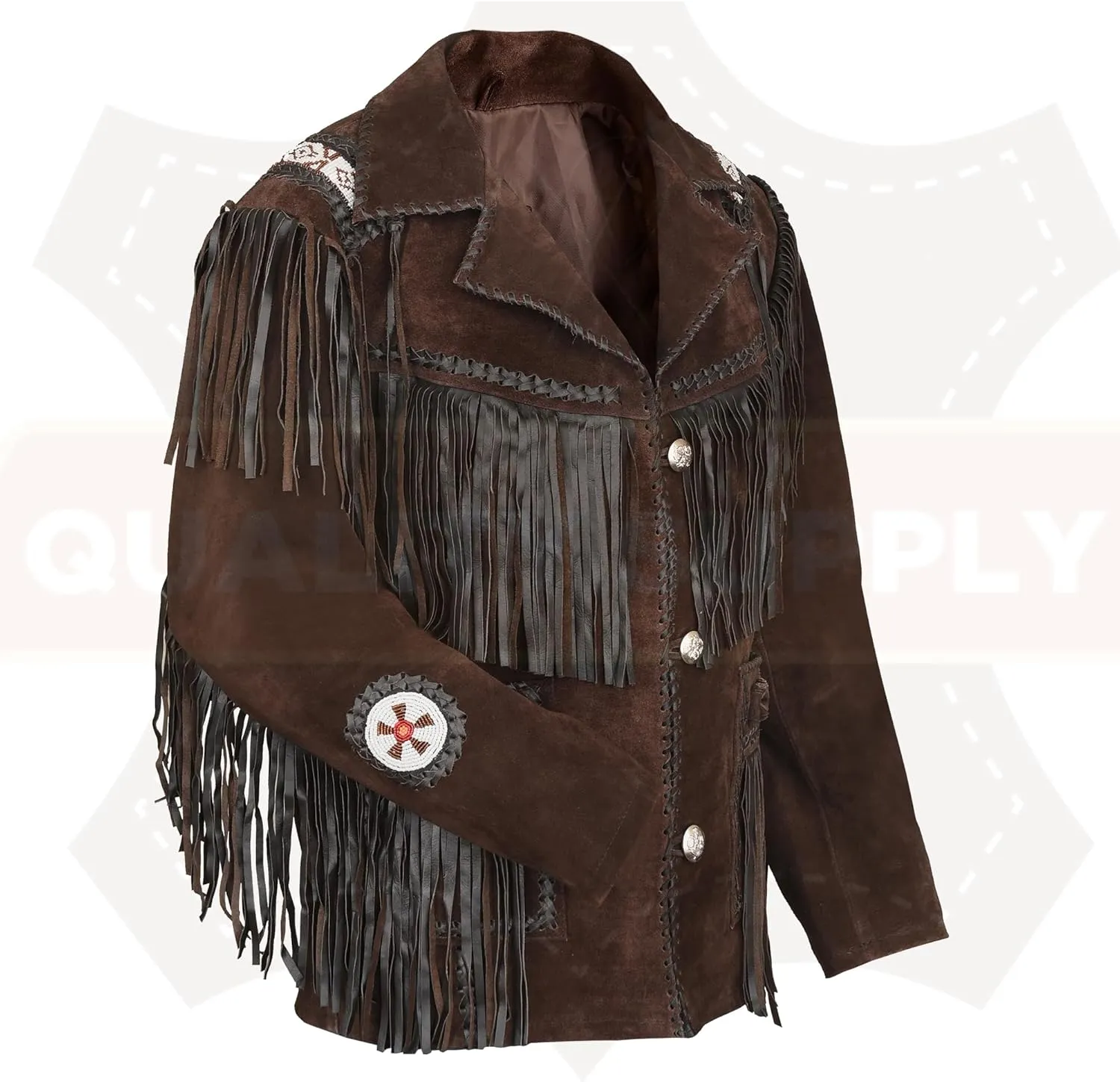 Men's Traditional Cowboy Western Leather Jacket | Native American Suede Coat with Beaded & Fringed