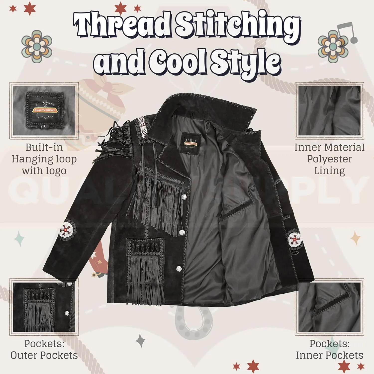 Men's Traditional Cowboy Western Leather Jacket | Native American Suede Coat with Beaded & Fringed