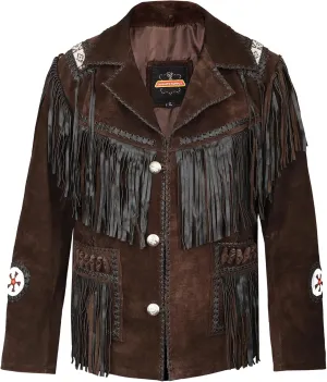 Men's Traditional Cowboy Western Leather Jacket | Native American Suede Coat with Beaded & Fringed