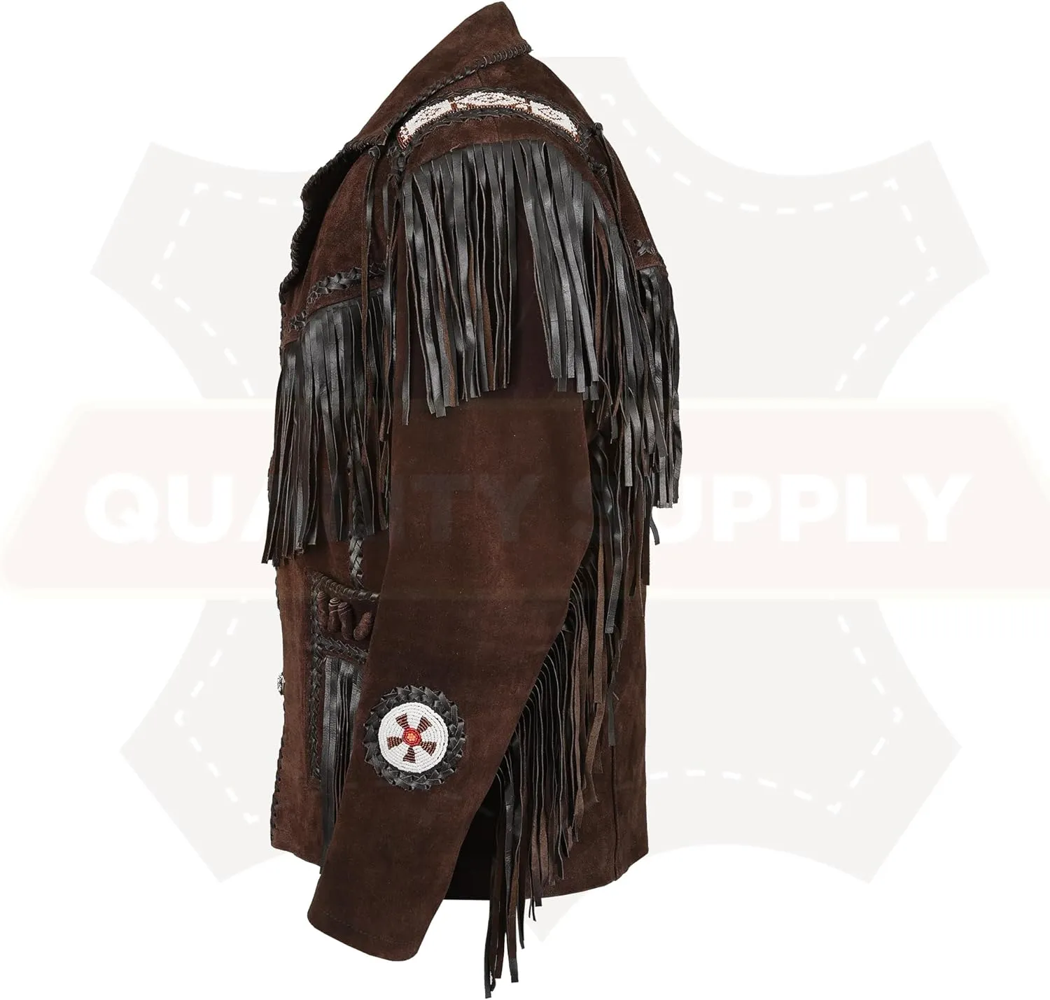 Men's Traditional Cowboy Western Leather Jacket | Native American Suede Coat with Beaded & Fringed